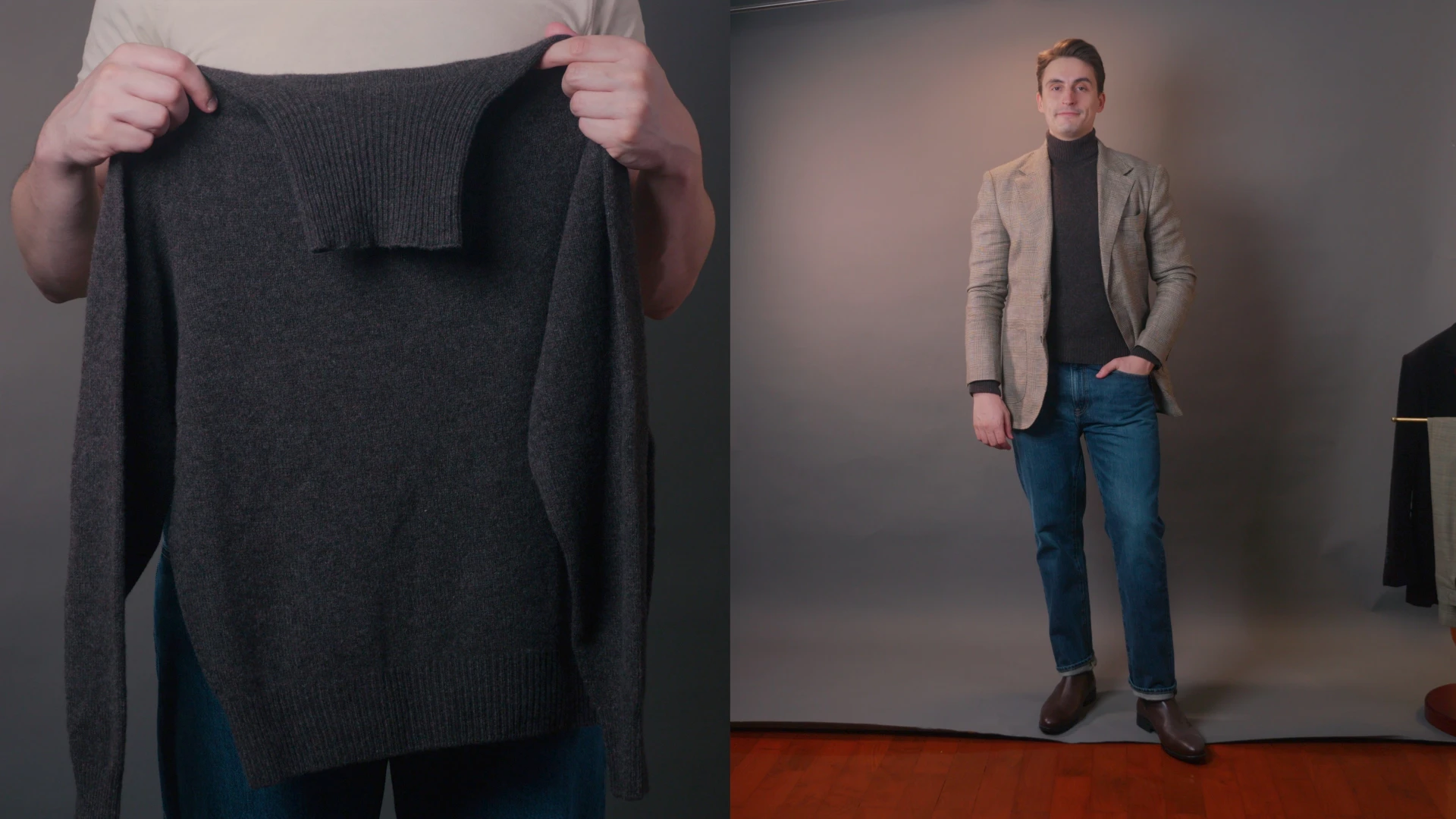 Man holding up turtleneck sweater